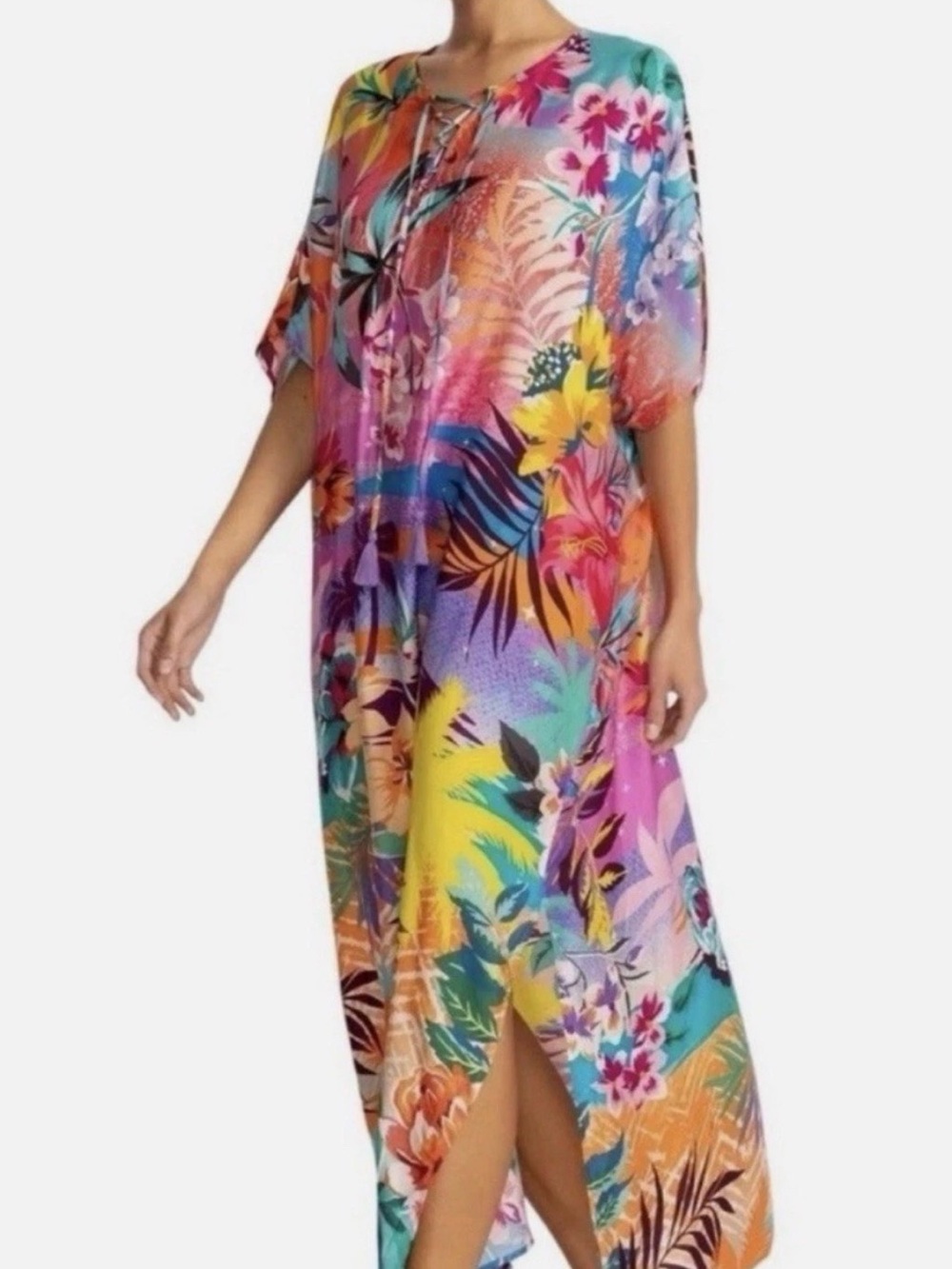 Johnny Was Zeru Vibrant Tropical Floral Caftan Dress Small Medium